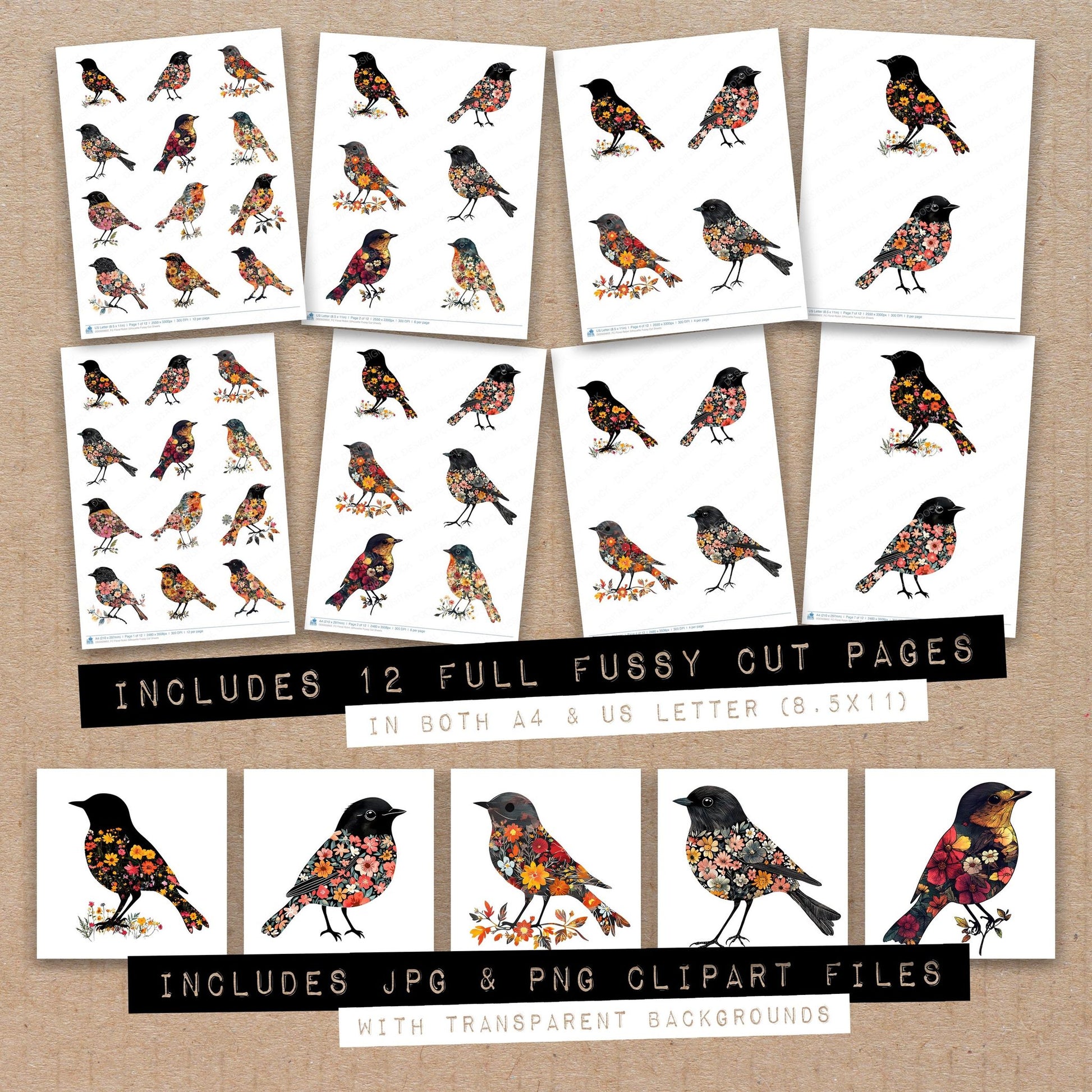 Full collection view of Floral Robin Silhouette fussy cut sheets with bonus clipart JPG and PNG files