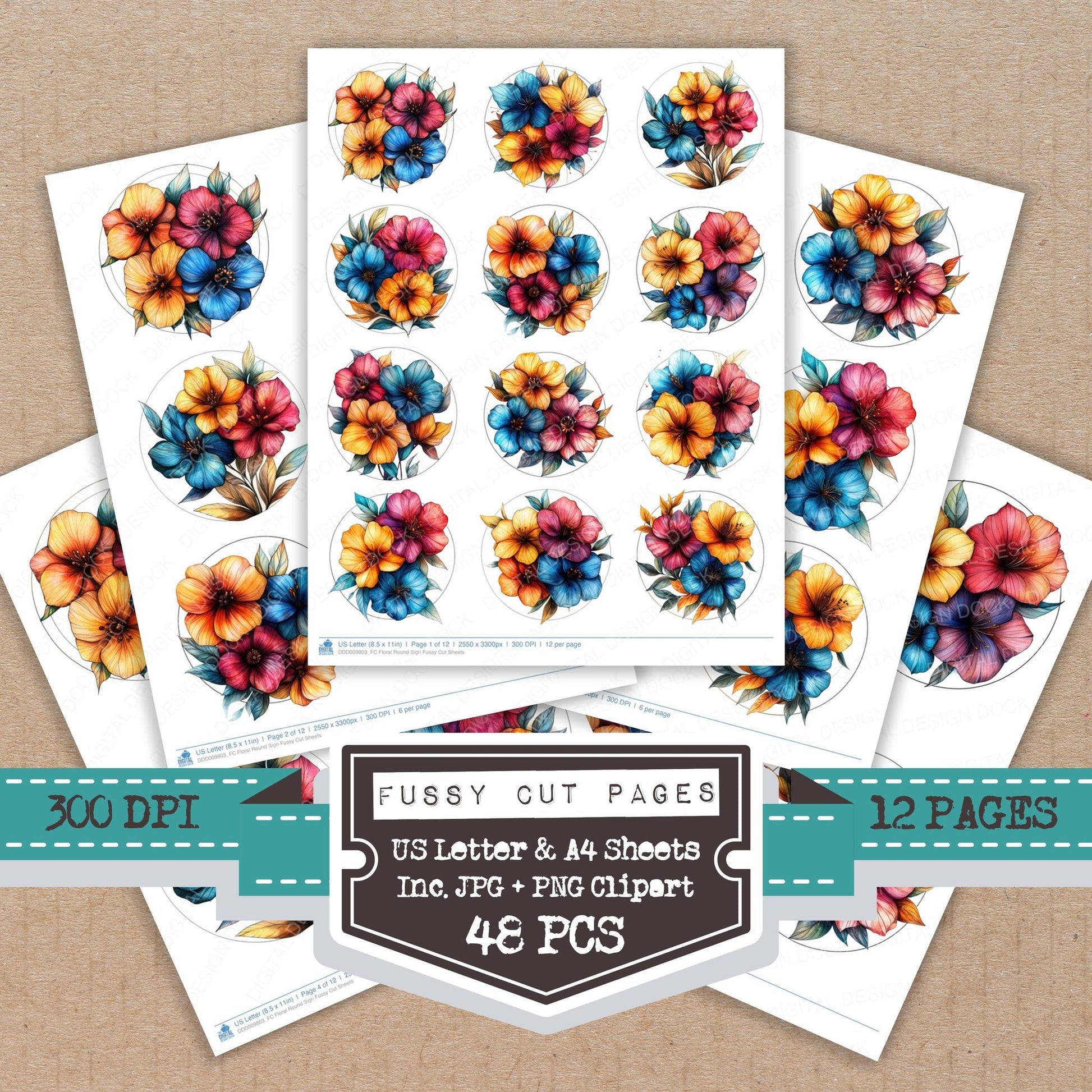 Floral Round Sign fussy cut printable sheets for junk journaling, scrapbooking, and paper craft projects