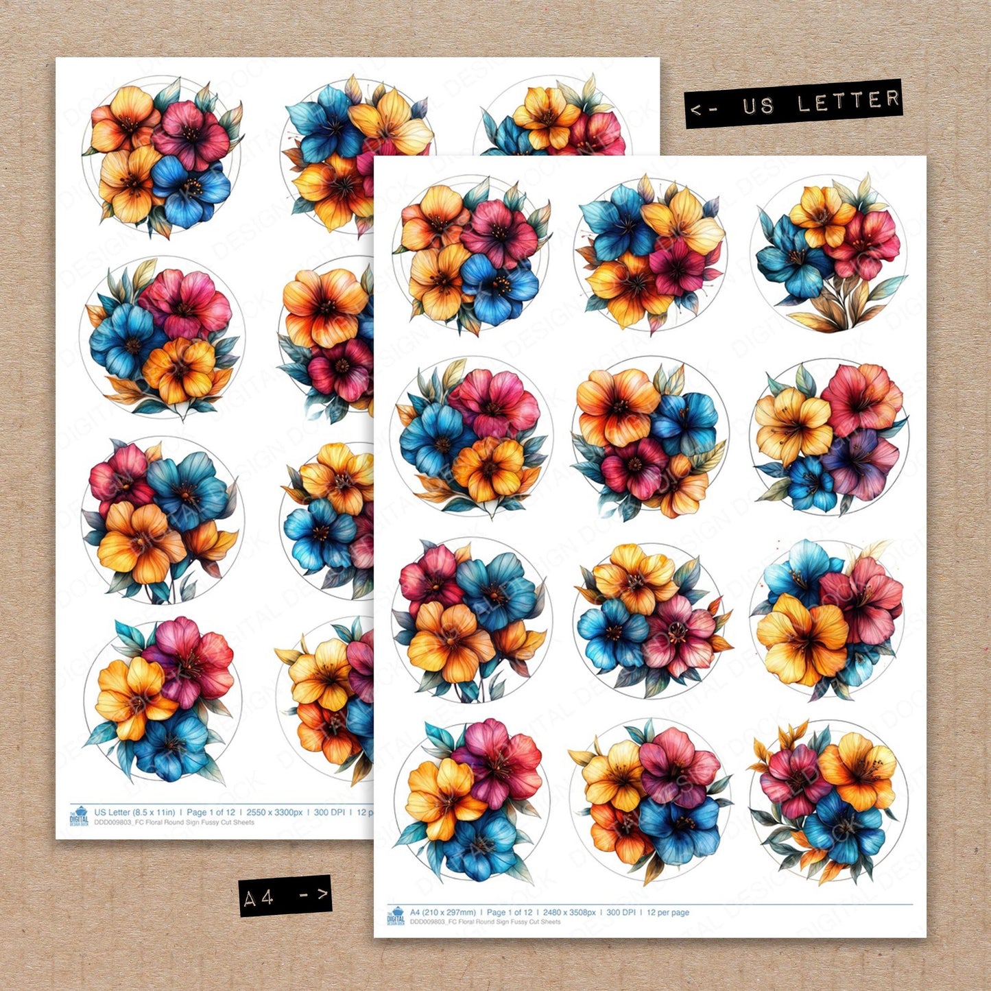 A4 and US Letter format comparison showing Floral Round Sign fussy cut pages for print and cut crafting