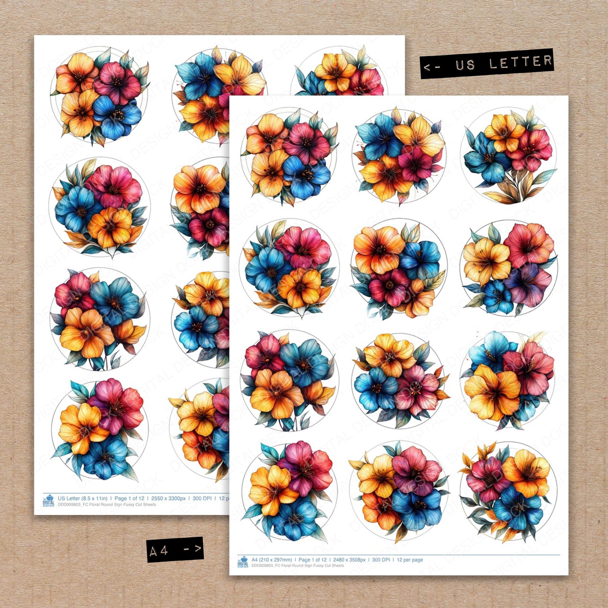 A4 and US Letter format comparison showing Floral Round Sign fussy cut pages for print and cut crafting