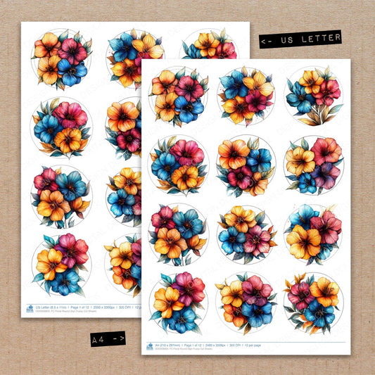 A4 and US Letter format comparison showing Floral Round Sign fussy cut pages for print and cut crafting