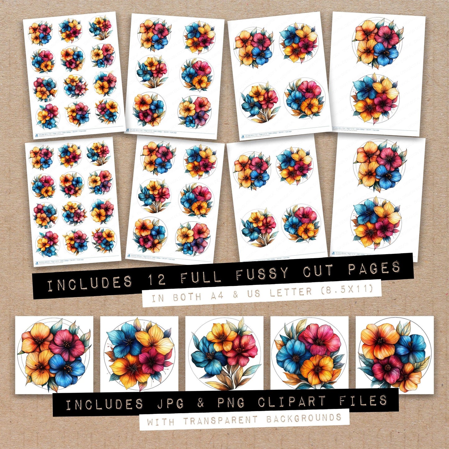 Full collection view of Floral Round Sign fussy cut sheets with bonus clipart JPG and PNG files