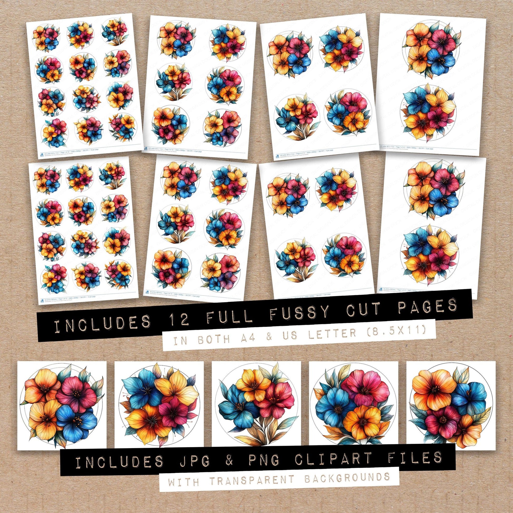 Full collection view of Floral Round Sign fussy cut sheets with bonus clipart JPG and PNG files