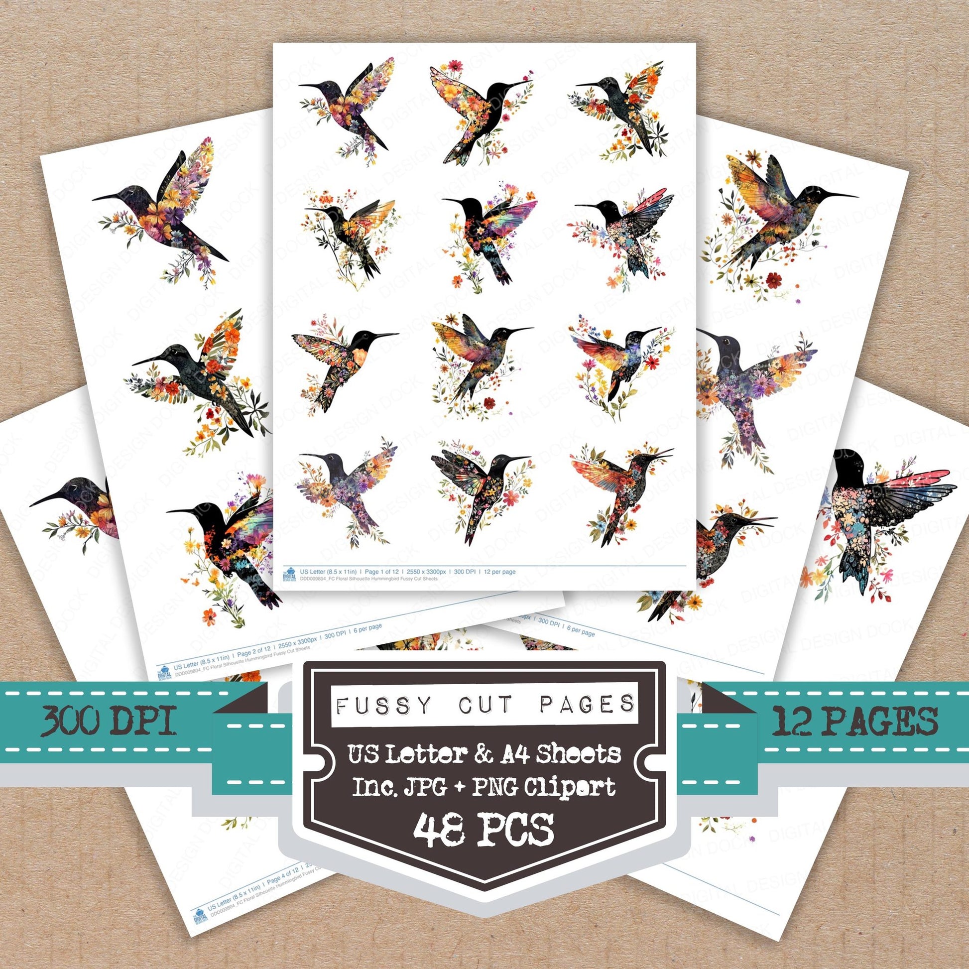 Floral Silhouette Hummingbird fussy cut printable sheets for junk journaling, scrapbooking, and paper craft projects