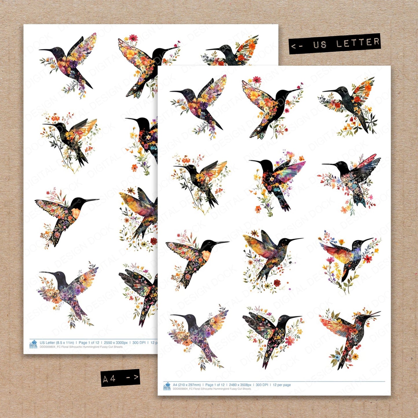 A4 and US Letter format comparison showing Floral Silhouette Hummingbird fussy cut pages for print and cut crafting