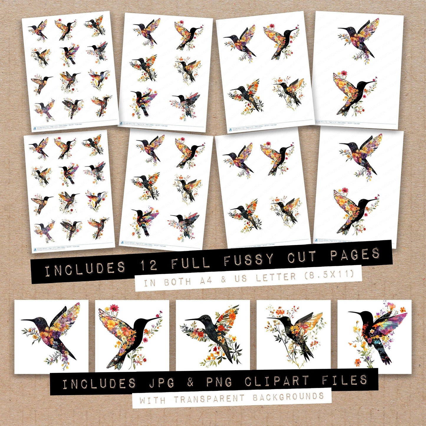 Full collection view of Floral Silhouette Hummingbird fussy cut sheets with bonus clipart JPG and PNG files