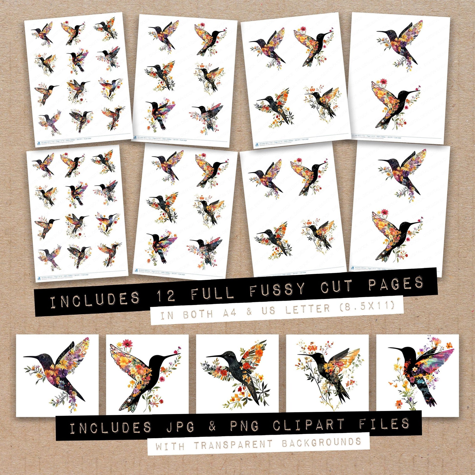 Full collection view of Floral Silhouette Hummingbird fussy cut sheets with bonus clipart JPG and PNG files
