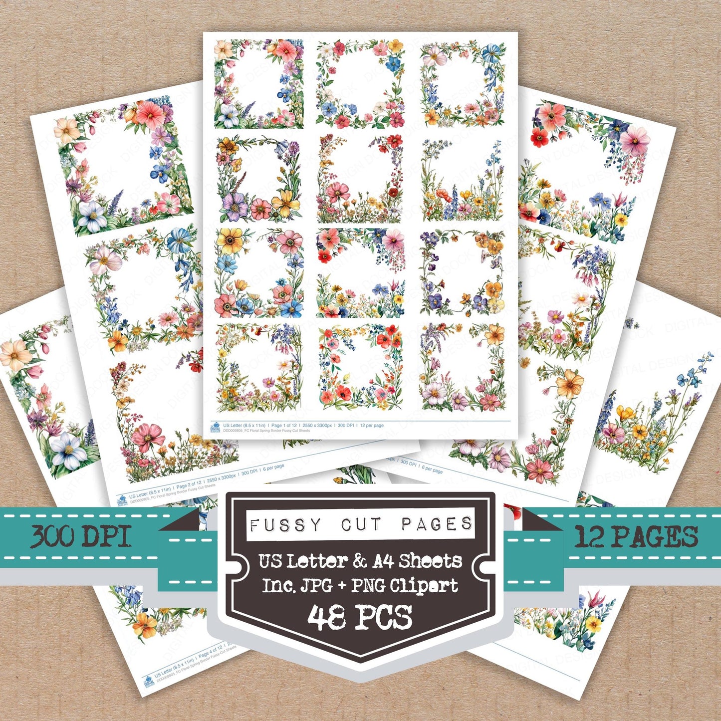 Floral Spring Border fussy cut printable sheets for junk journaling, scrapbooking, and paper craft projects