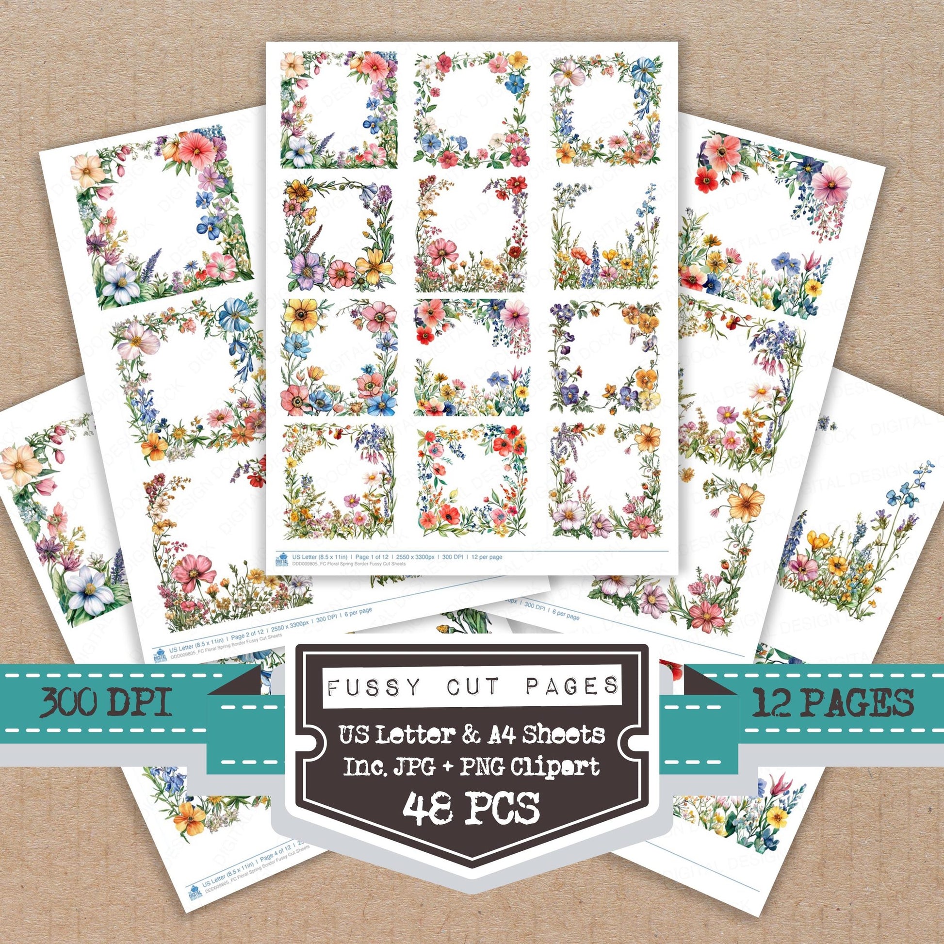 Floral Spring Border fussy cut printable sheets for junk journaling, scrapbooking, and paper craft projects
