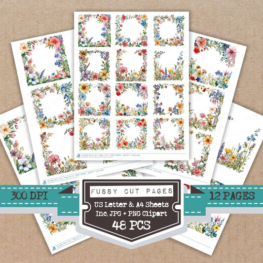 Floral Spring Border fussy cut printable sheets for junk journaling, scrapbooking, and paper craft projects