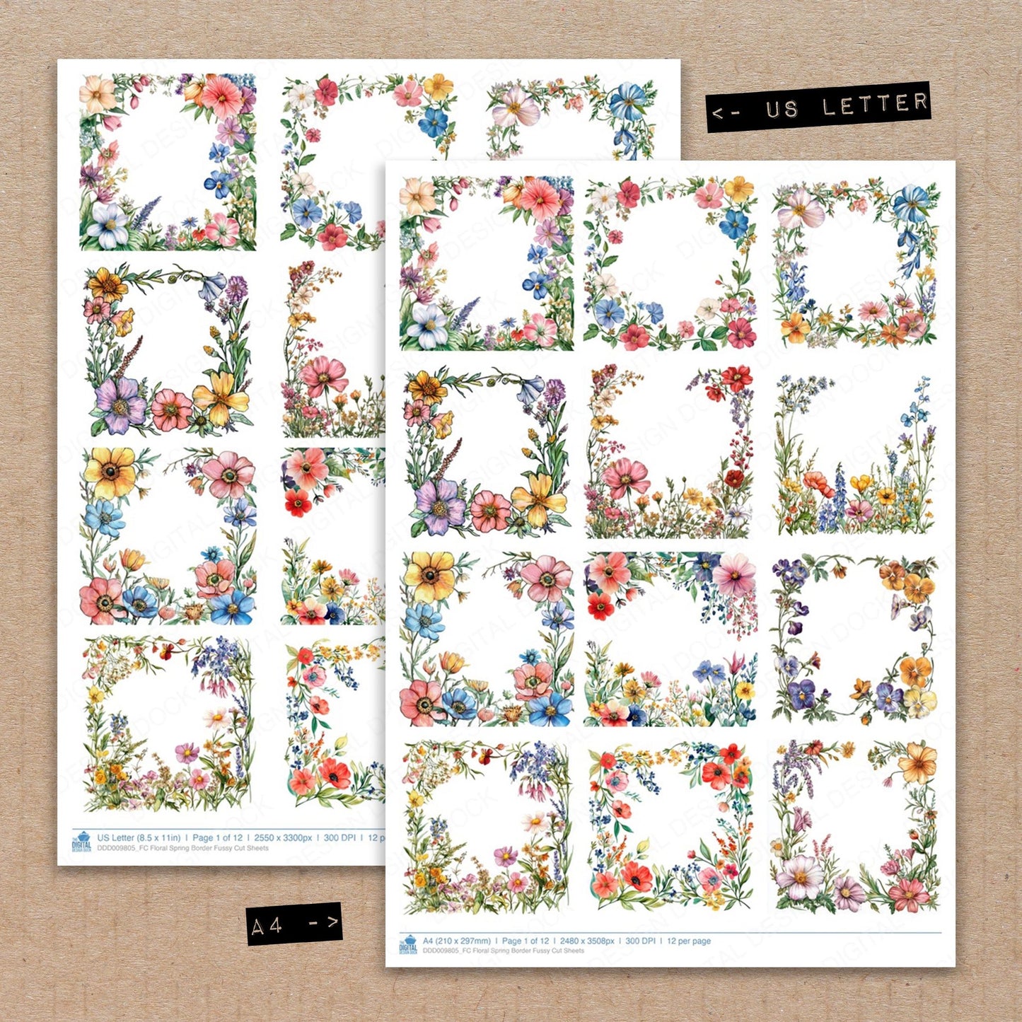 A4 and US Letter format comparison showing Floral Spring Border fussy cut pages for print and cut crafting
