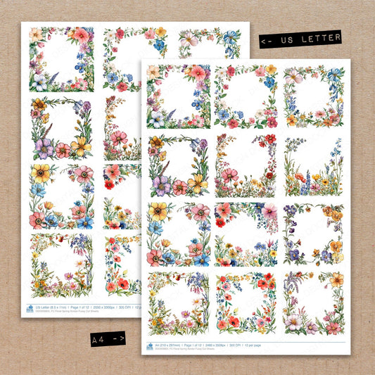 A4 and US Letter format comparison showing Floral Spring Border fussy cut pages for print and cut crafting