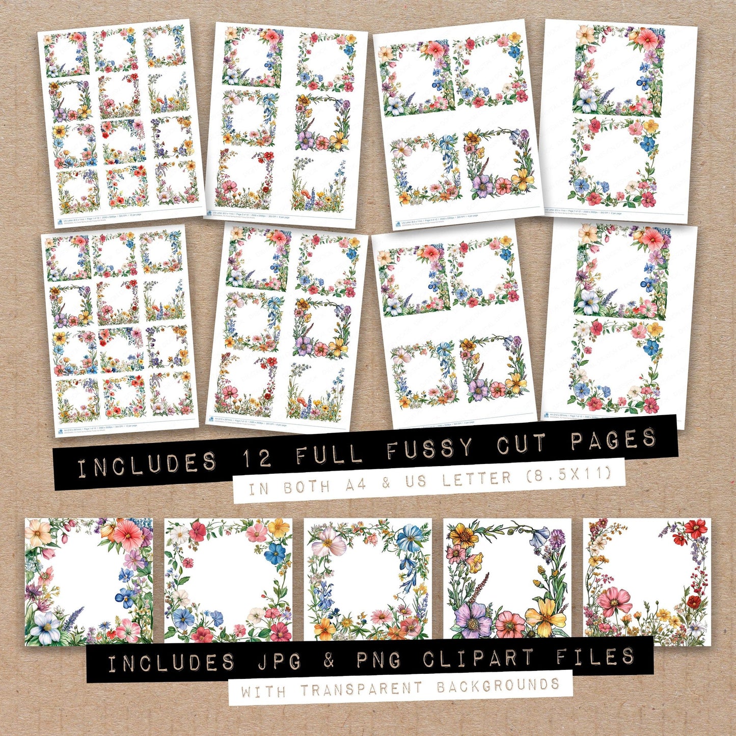 Full collection view of Floral Spring Border fussy cut sheets with bonus clipart JPG and PNG files