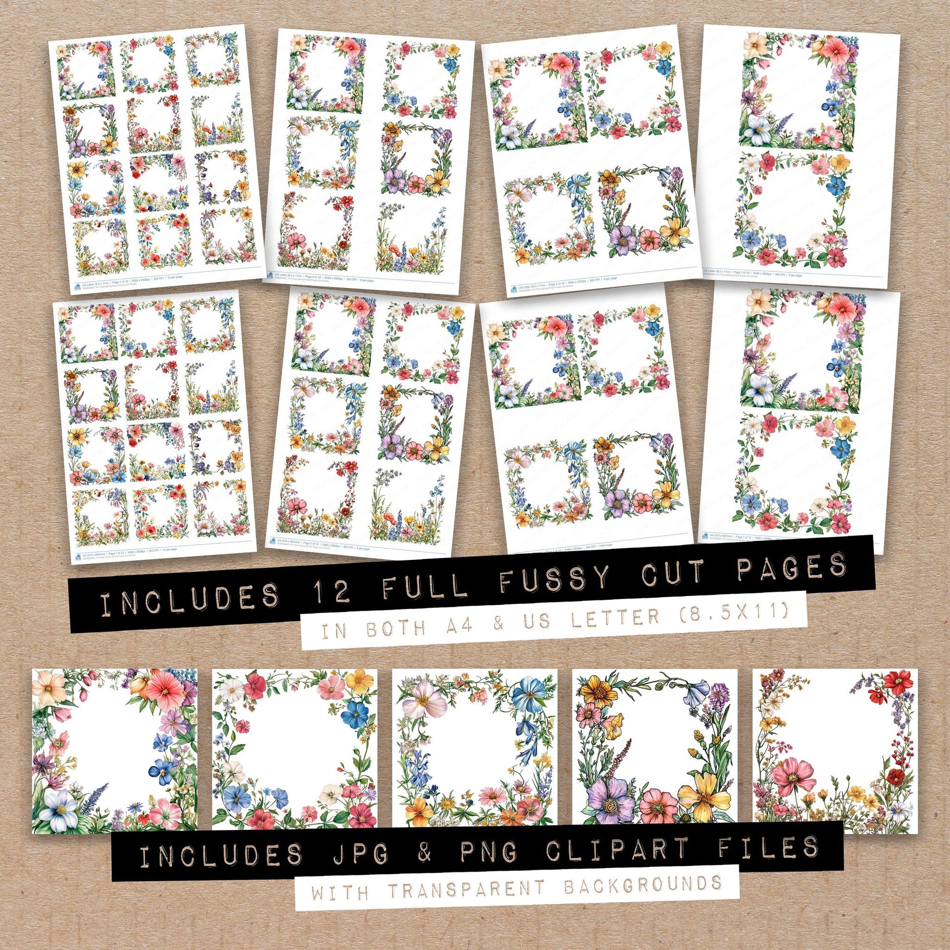 Full collection view of Floral Spring Border fussy cut sheets with bonus clipart JPG and PNG files