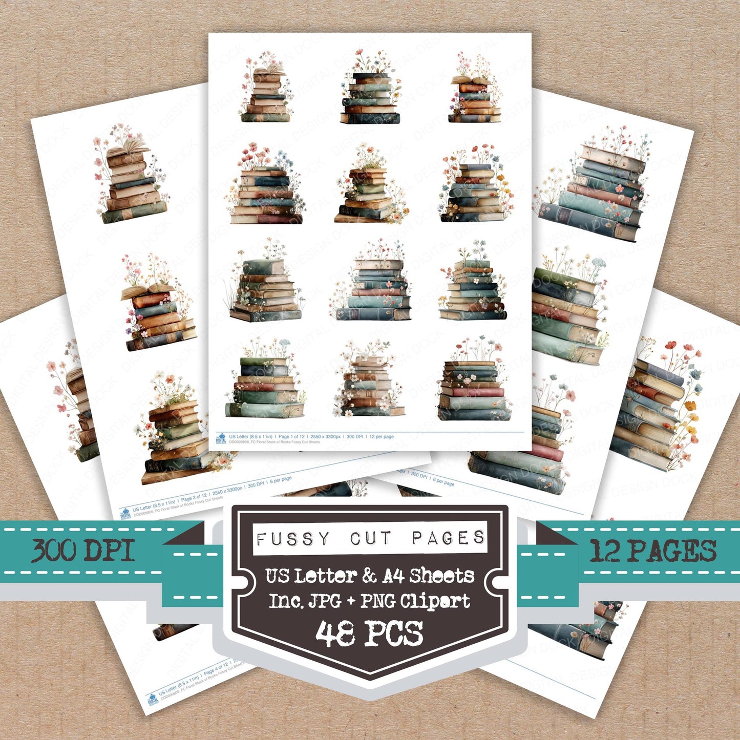 Floral Stack of Books fussy cut printable sheets for junk journaling, scrapbooking, and paper craft projects