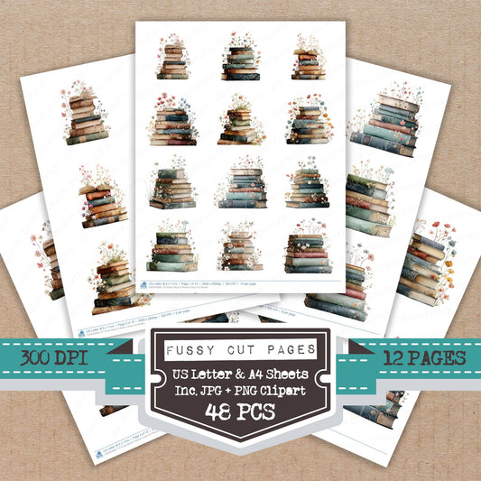 Floral Stack of Books fussy cut printable sheets for junk journaling, scrapbooking, and paper craft projects