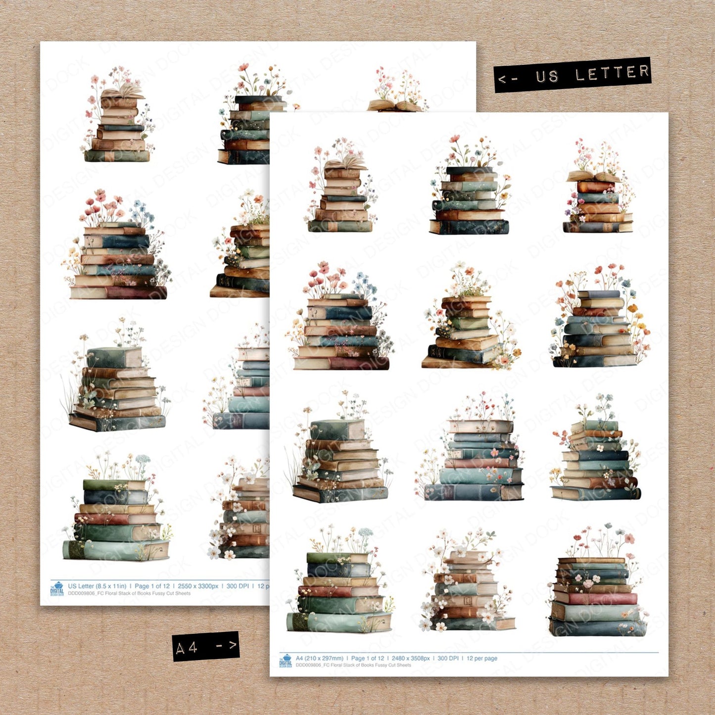 A4 and US Letter format comparison showing Floral Stack of Books fussy cut pages for print and cut crafting