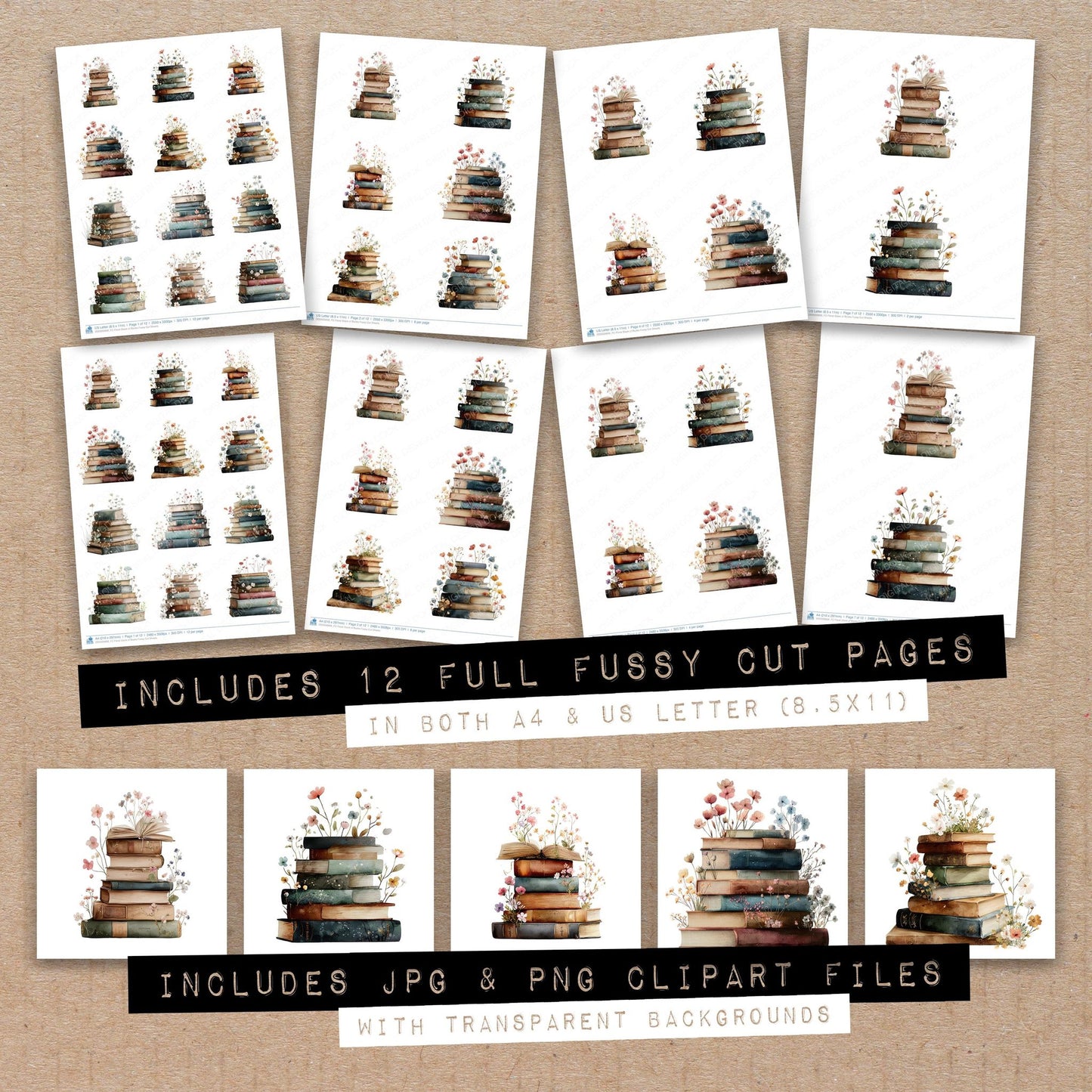 Full collection view of Floral Stack of Books fussy cut sheets with bonus clipart JPG and PNG files