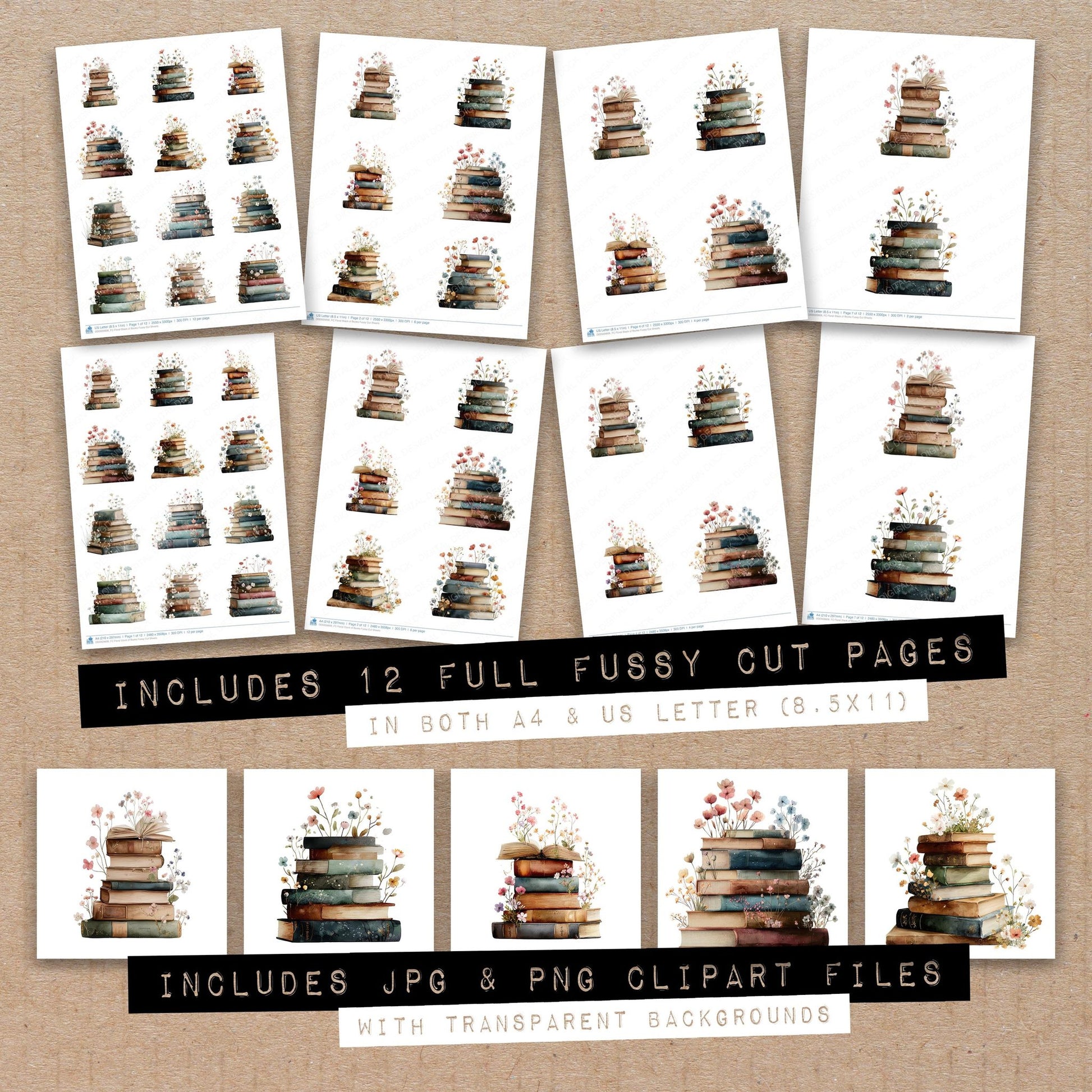 Full collection view of Floral Stack of Books fussy cut sheets with bonus clipart JPG and PNG files