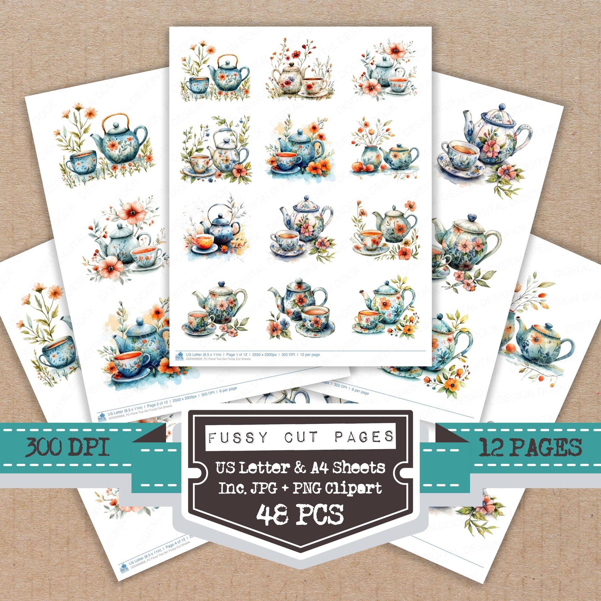 Floral Tea fussy cut printable sheets for junk journaling, scrapbooking, and paper craft projects