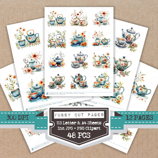 Floral Tea fussy cut printable sheets for junk journaling, scrapbooking, and paper craft projects