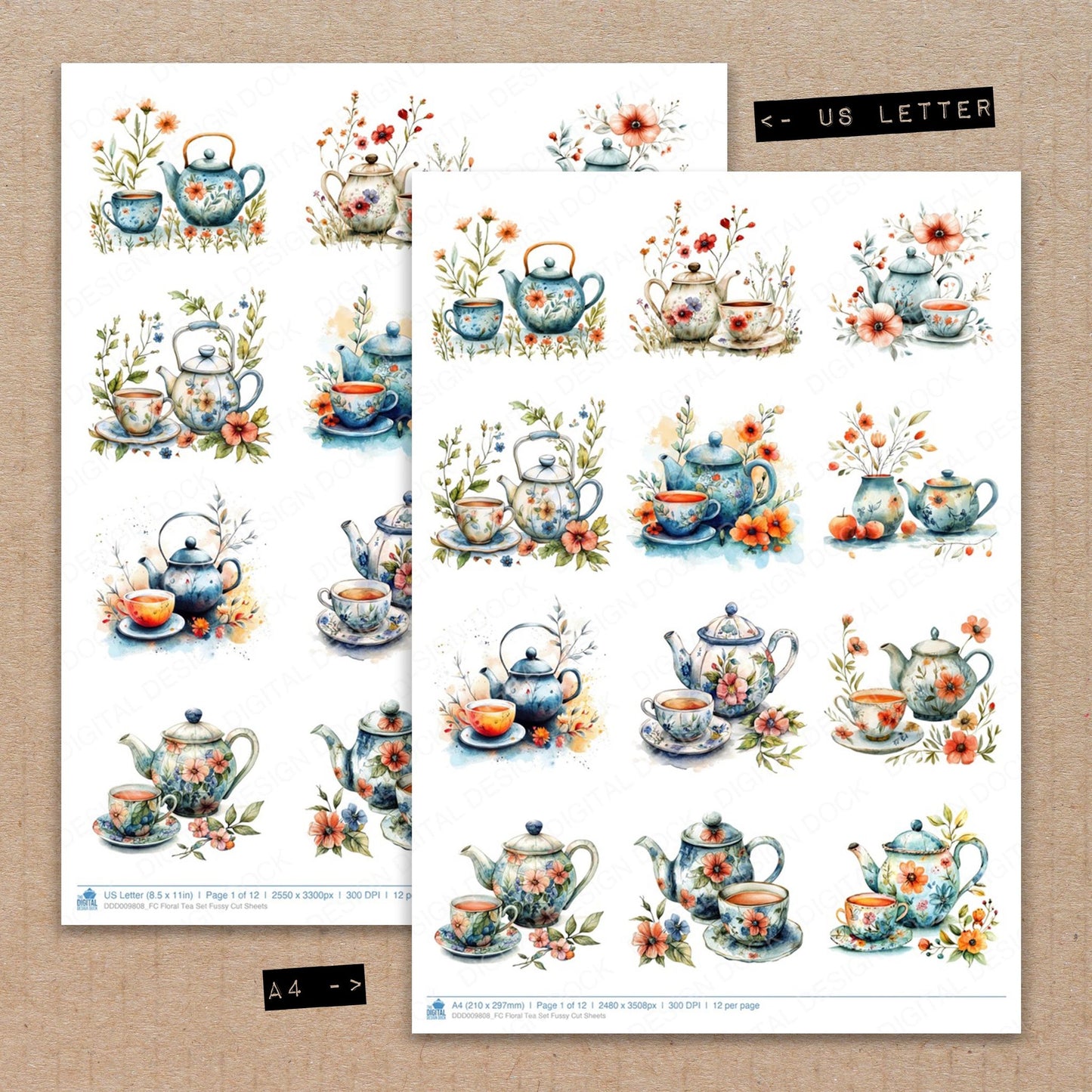 A4 and US Letter format comparison showing Floral Tea fussy cut pages for print and cut crafting