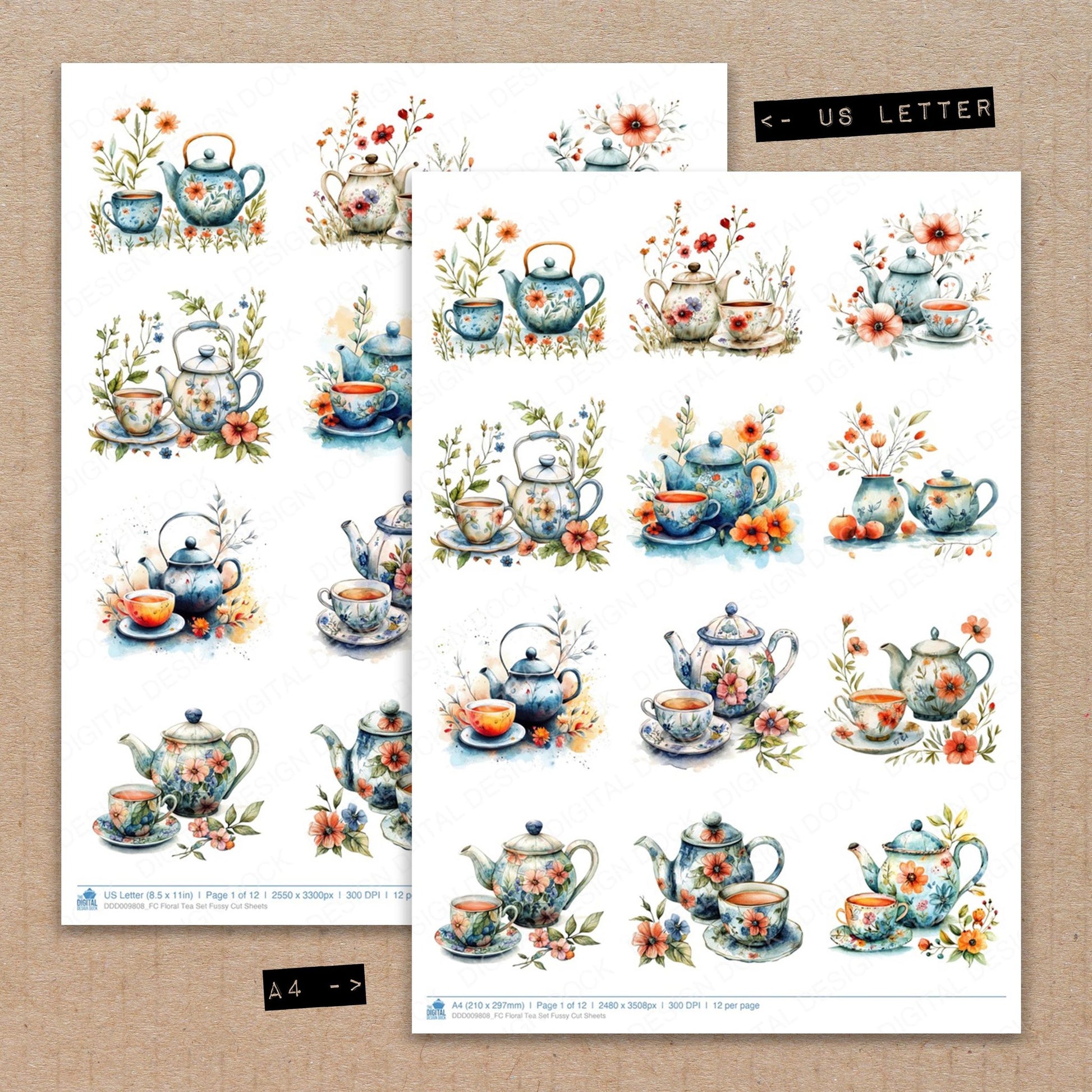 A4 and US Letter format comparison showing Floral Tea fussy cut pages for print and cut crafting