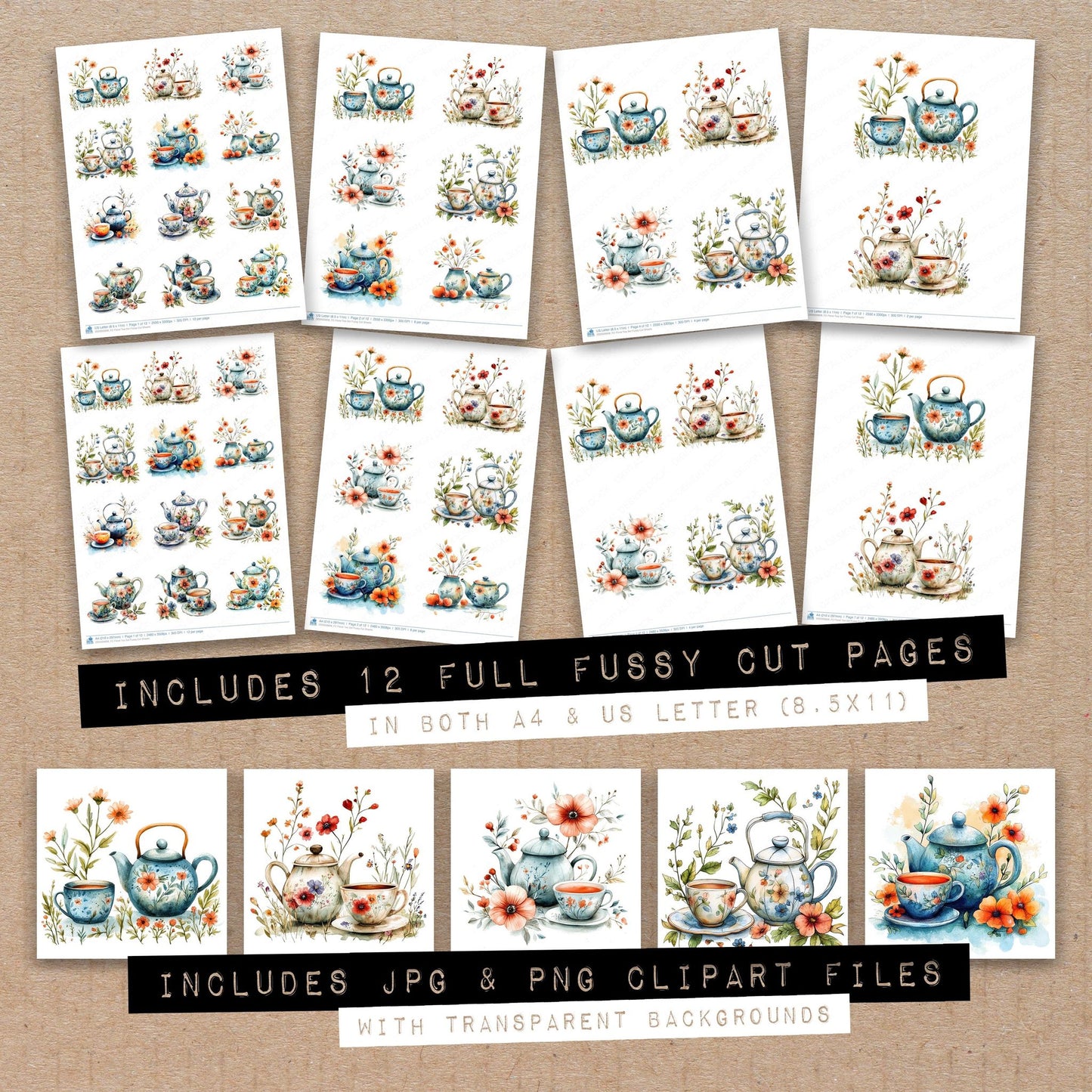 Full collection view of Floral Tea fussy cut sheets with bonus clipart JPG and PNG files