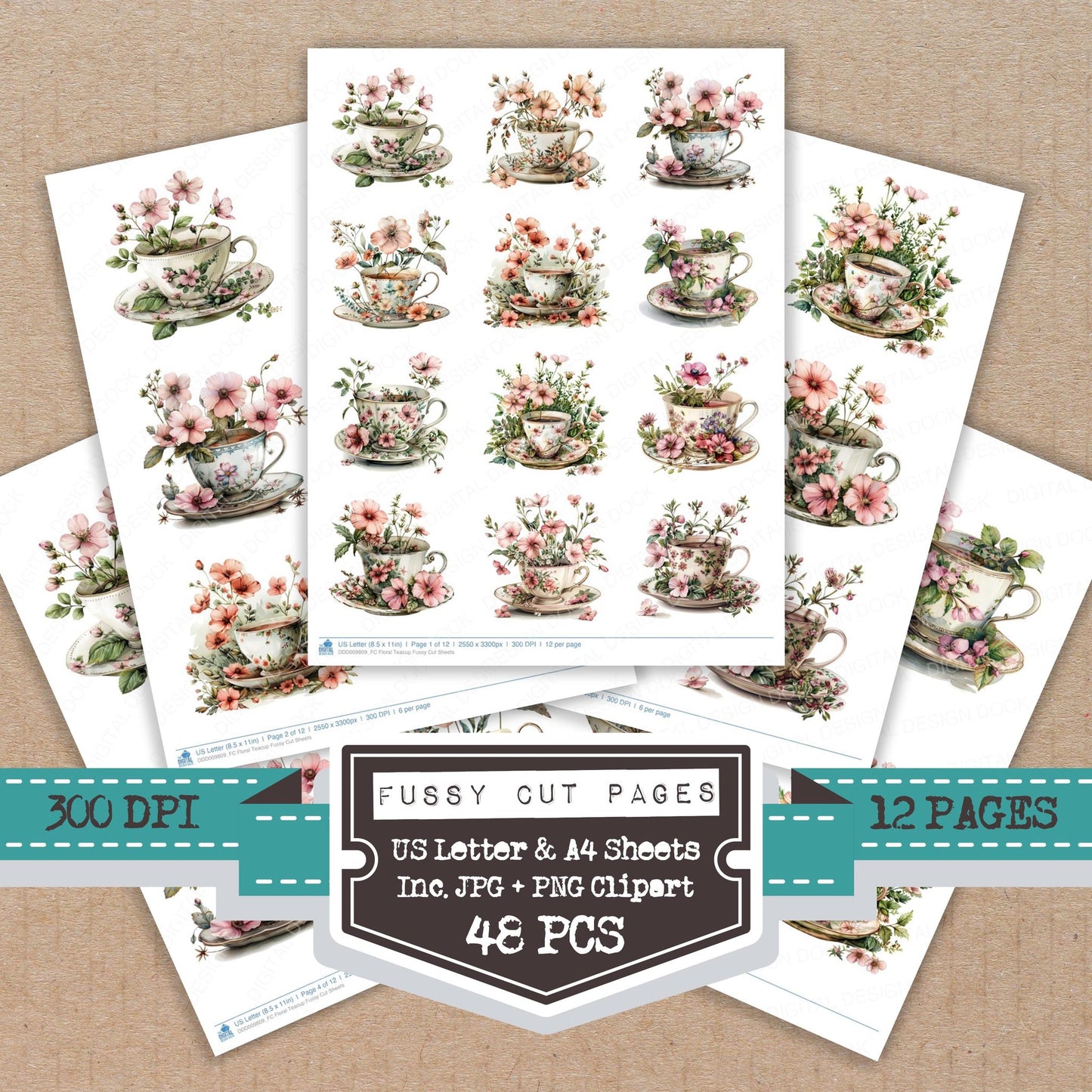 Floral Teacup fussy cut printable sheets for junk journaling, scrapbooking, and paper craft projects