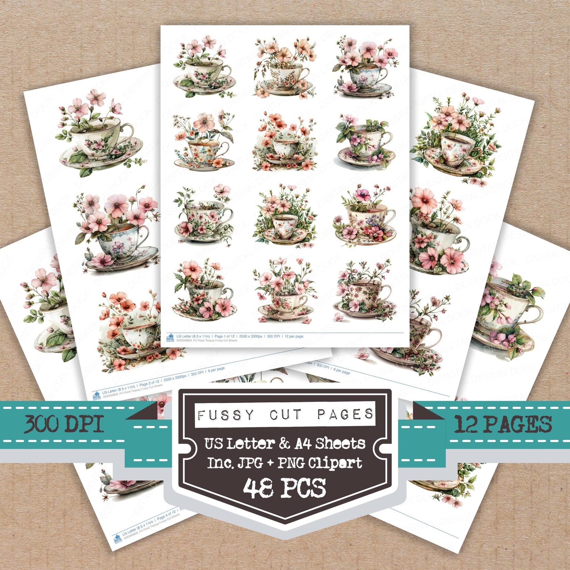 Floral Teacup fussy cut printable sheets for junk journaling, scrapbooking, and paper craft projects