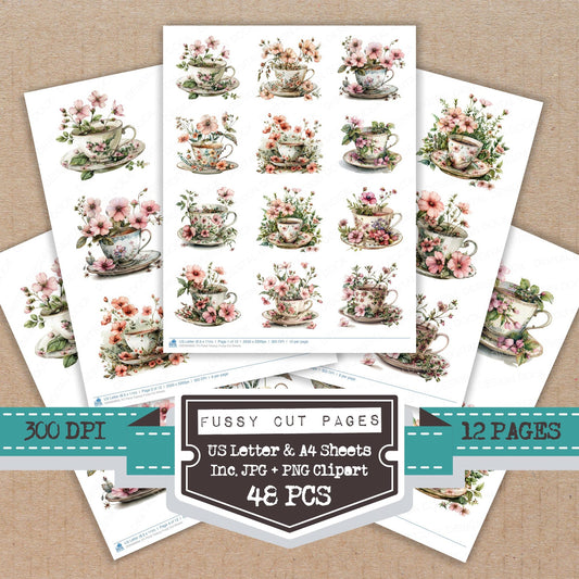 Floral Teacup fussy cut printable sheets for junk journaling, scrapbooking, and paper craft projects