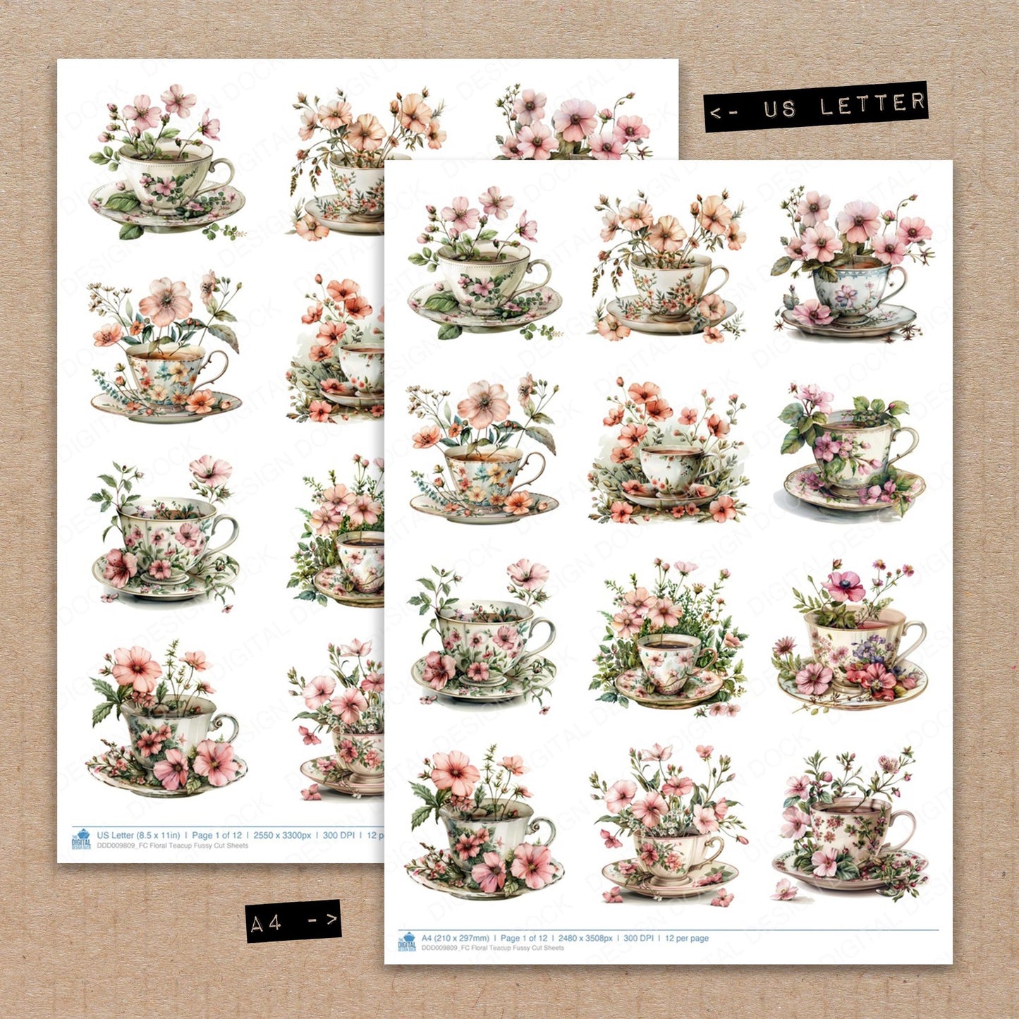 A4 and US Letter format comparison showing Floral Teacup fussy cut pages for print and cut crafting