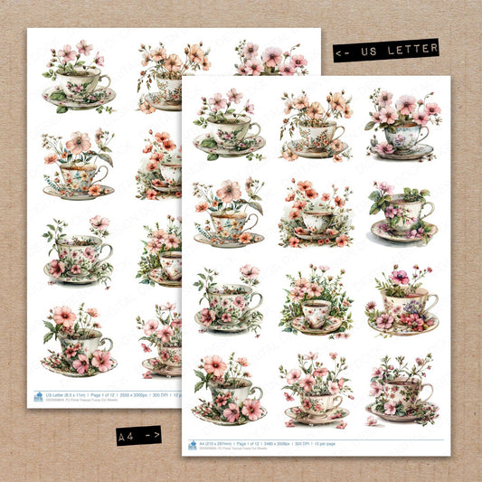 A4 and US Letter format comparison showing Floral Teacup fussy cut pages for print and cut crafting