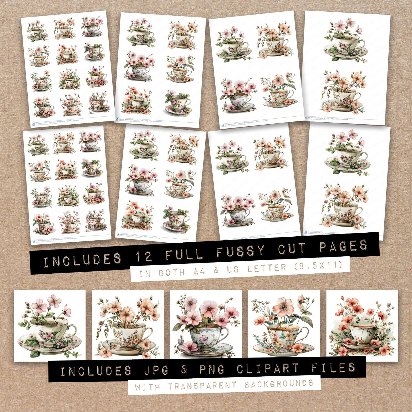 Full collection view of Floral Teacup fussy cut sheets with bonus clipart JPG and PNG files