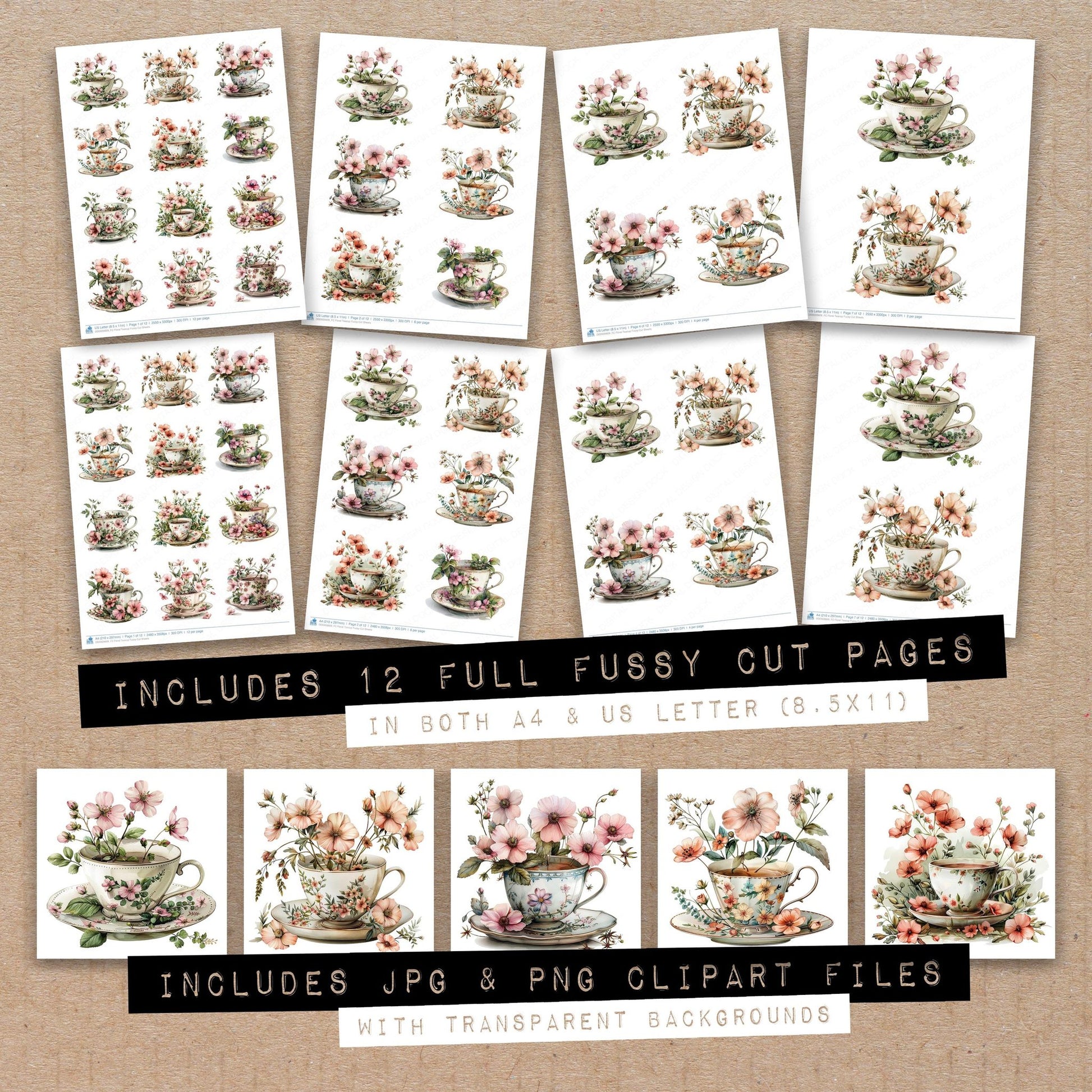 Full collection view of Floral Teacup fussy cut sheets with bonus clipart JPG and PNG files