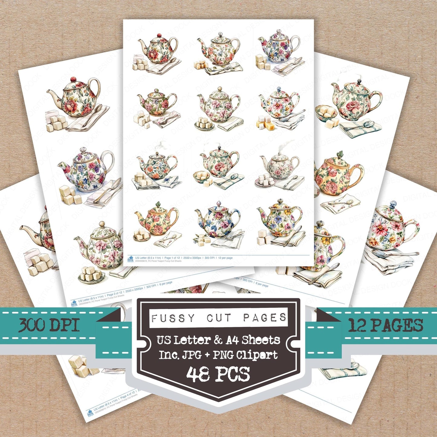 Floral Teapot Fussy Cut Sheets (DDD009810)