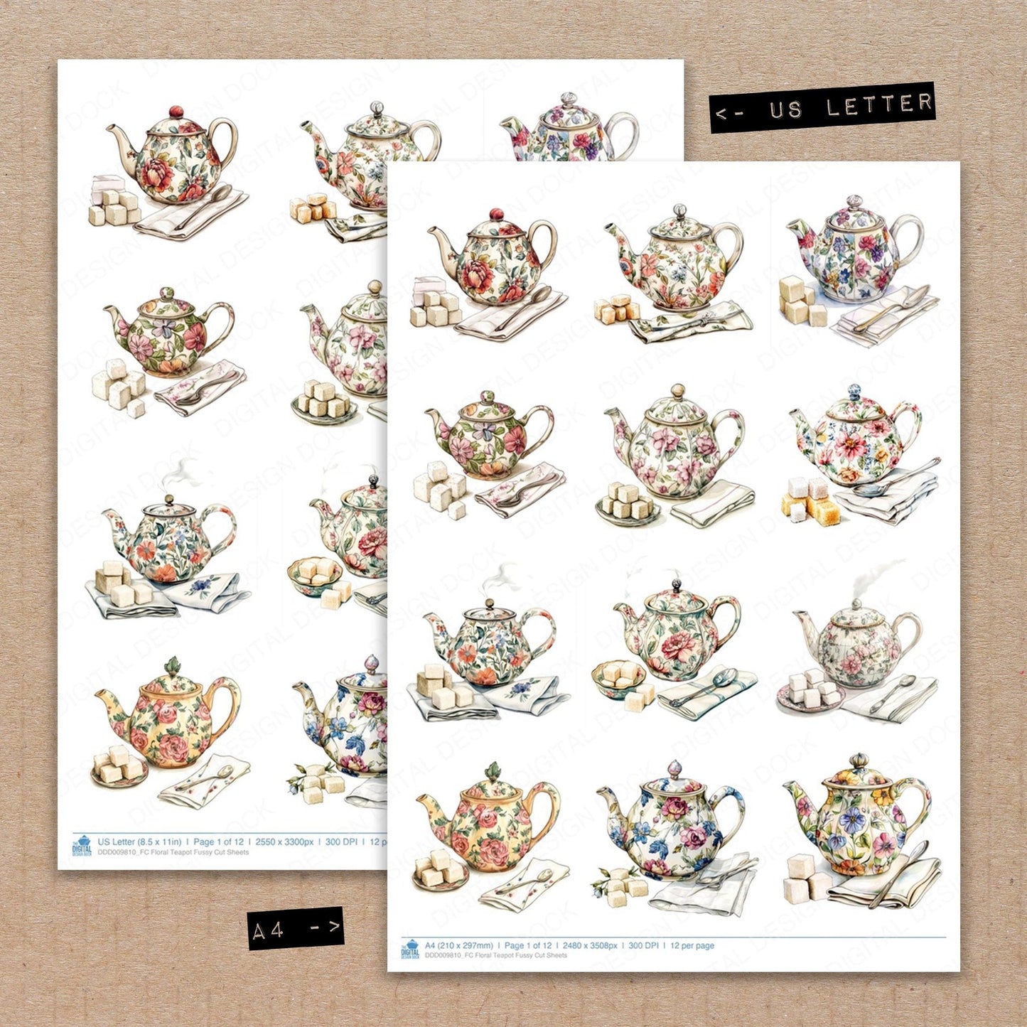 Floral Teapot Fussy Cut Sheets (DDD009810)
