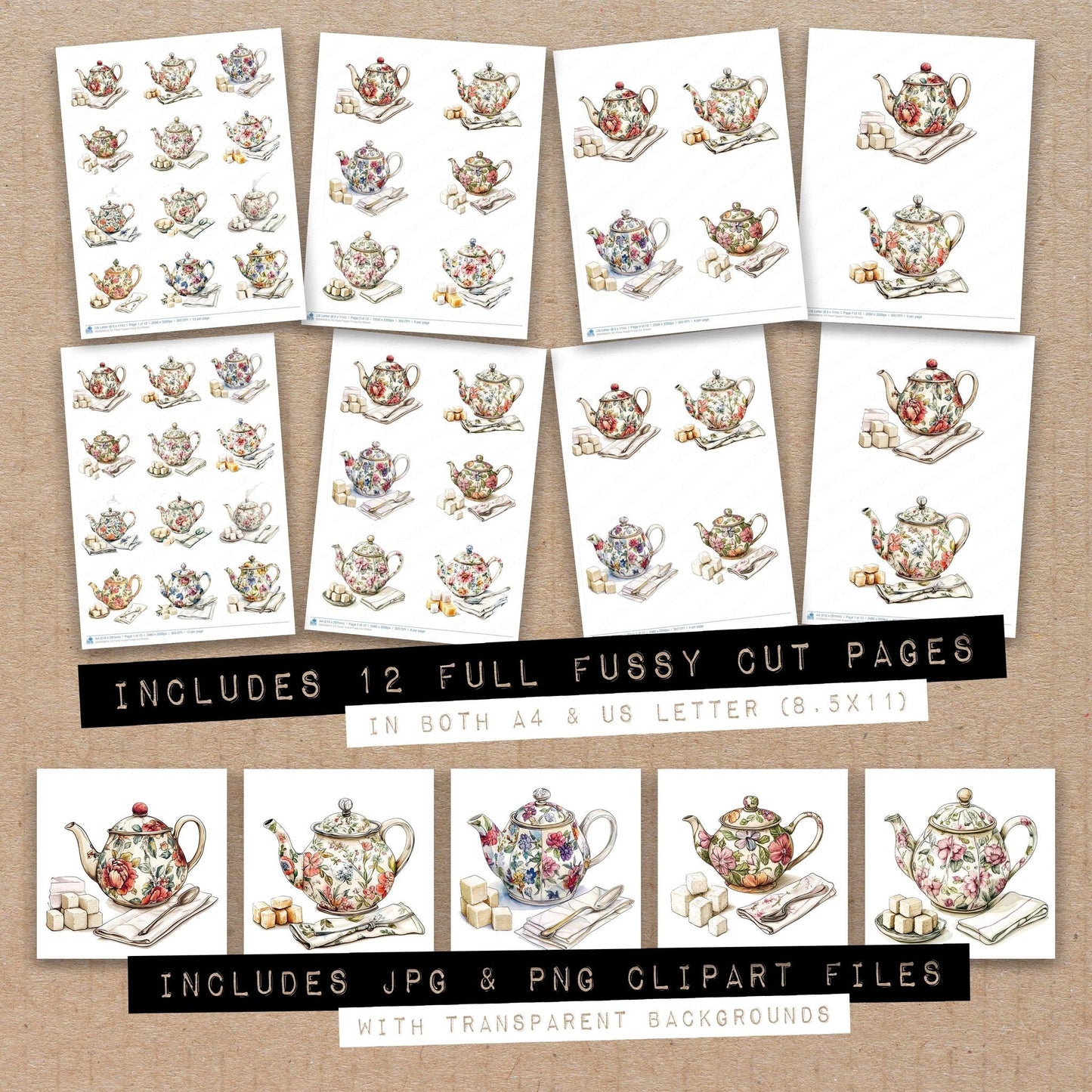 Floral Teapot Fussy Cut Sheets (DDD009810)