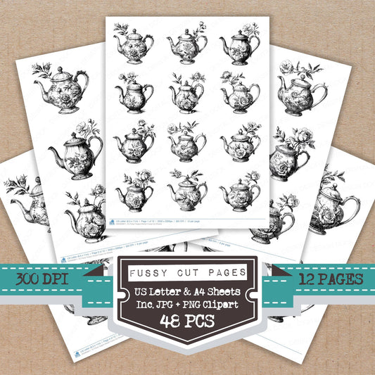 Floral Teapot Sketch fussy cut printable sheets for junk journaling, scrapbooking, and paper craft projects