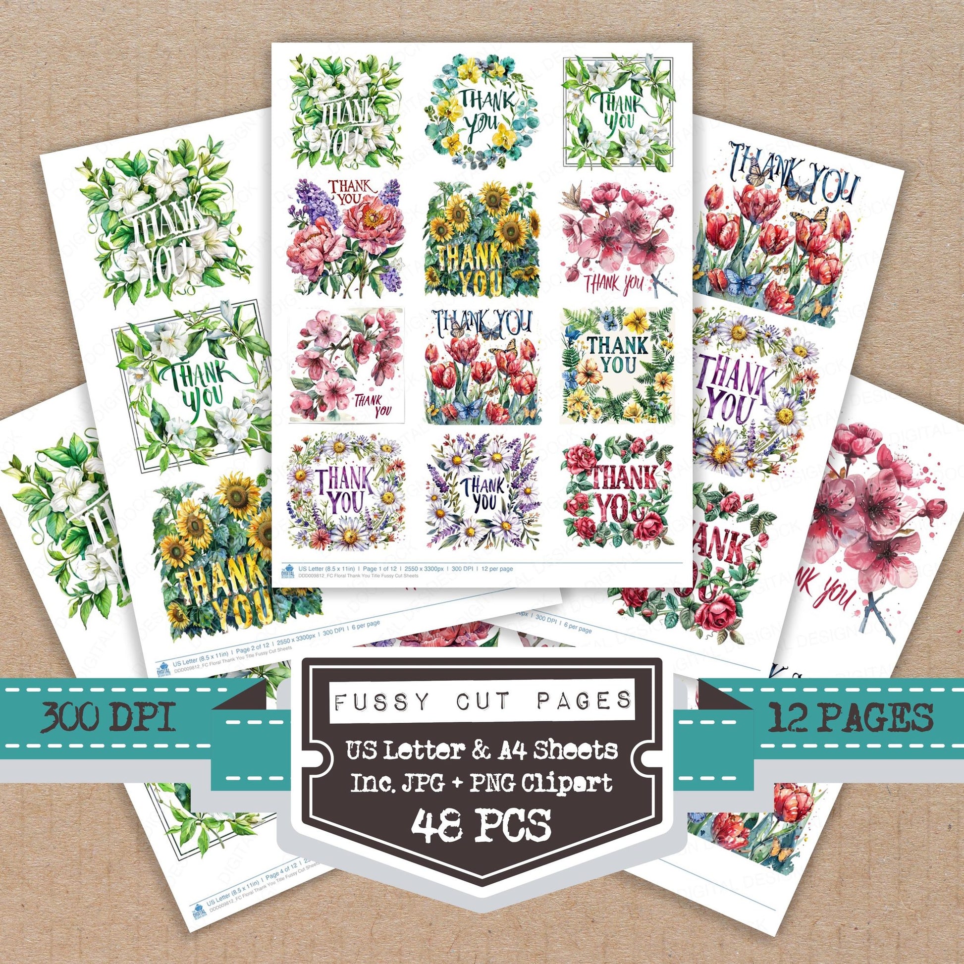 Floral Thank You Title fussy cut printable sheets for junk journaling, scrapbooking, and paper craft projects
