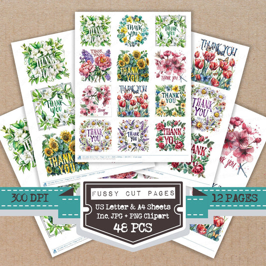 Floral Thank You Title fussy cut printable sheets for junk journaling, scrapbooking, and paper craft projects