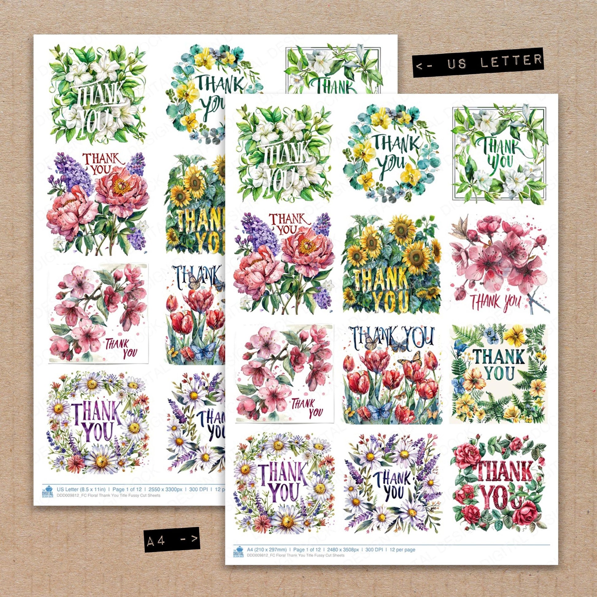 A4 and US Letter format comparison showing Floral Thank You Title fussy cut pages for print and cut crafting