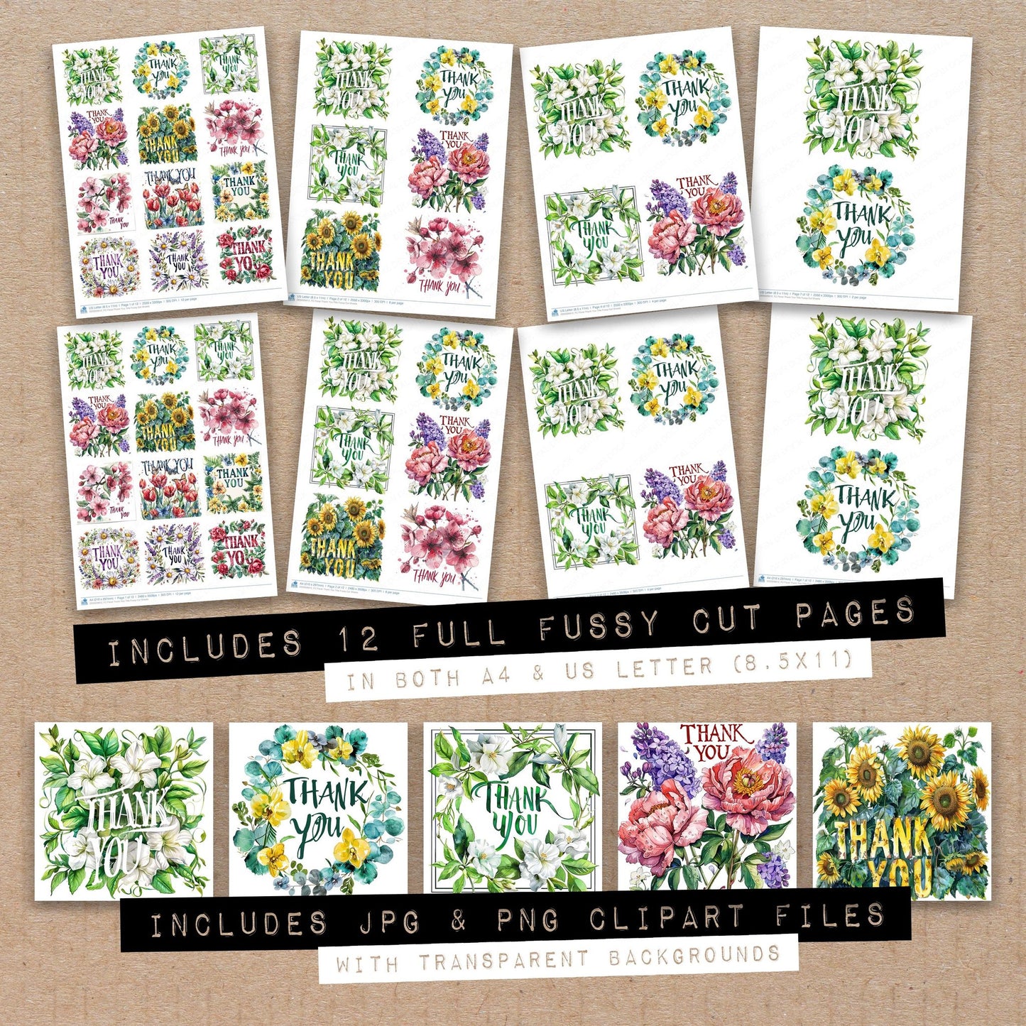 Full collection view of Floral Thank You Title fussy cut sheets with bonus clipart JPG and PNG files