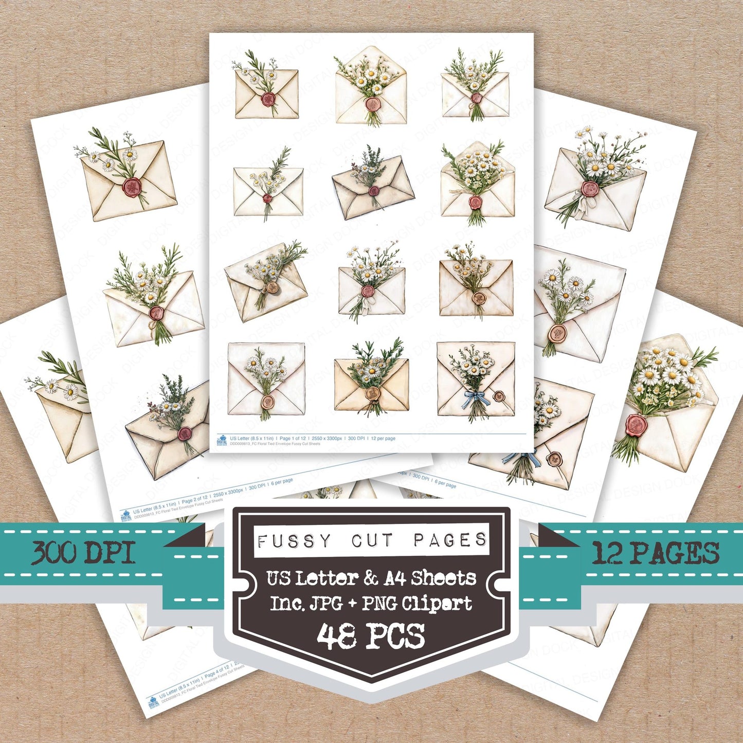 Floral Tied Envelope fussy cut printable sheets for junk journaling, scrapbooking, and paper craft projects