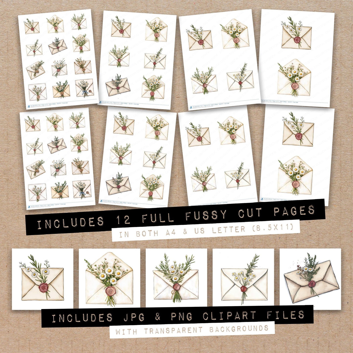 Full collection view of Floral Tied Envelope fussy cut sheets with bonus clipart JPG and PNG files