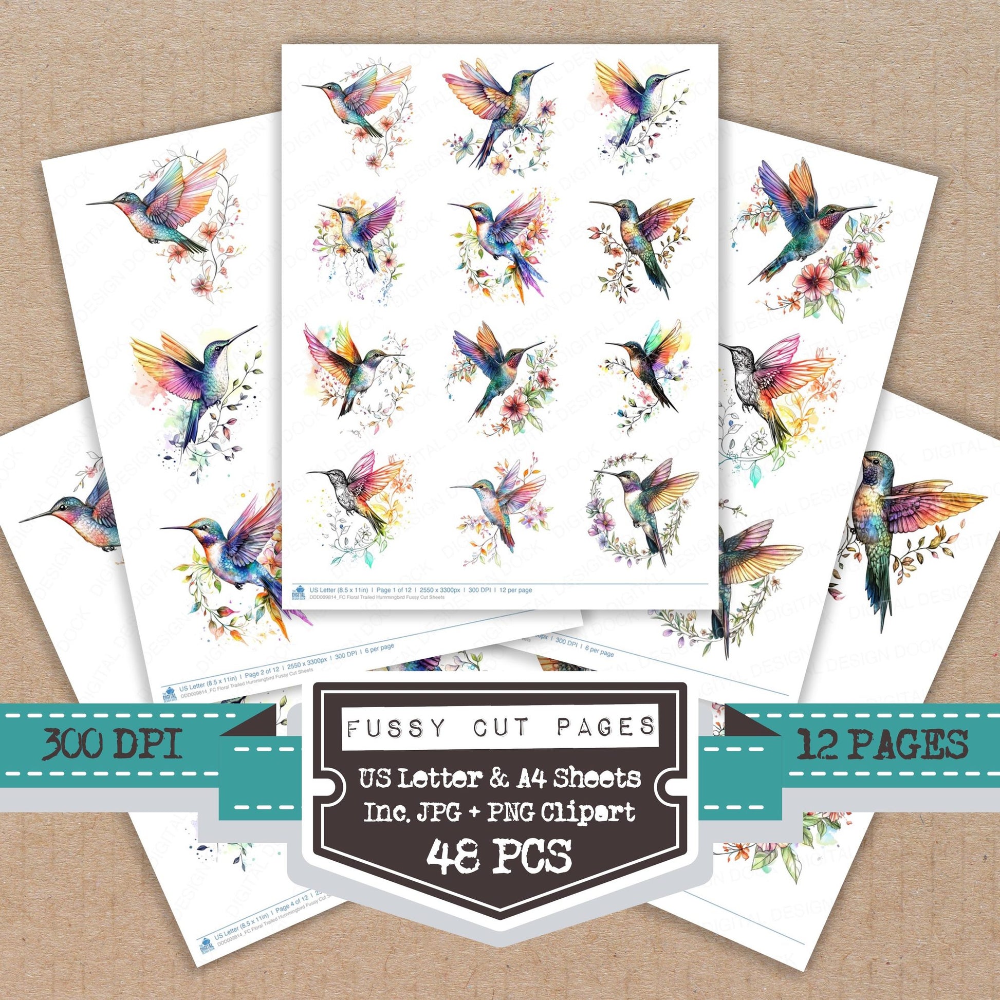 Floral Trailed Hummingbird fussy cut printable sheets for junk journaling, scrapbooking, and paper craft projects