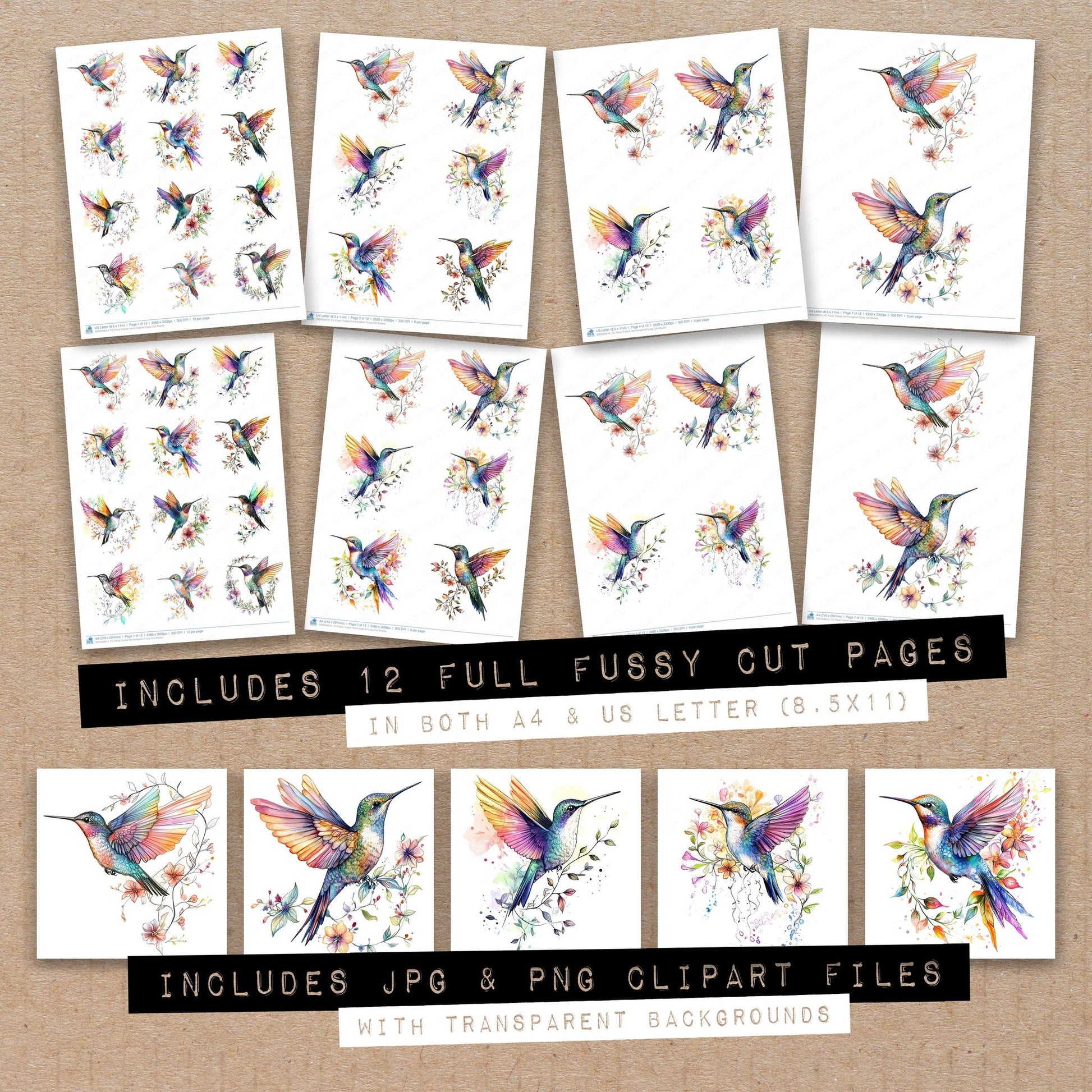 Full collection view of Floral Trailed Hummingbird fussy cut sheets with bonus clipart JPG and PNG files