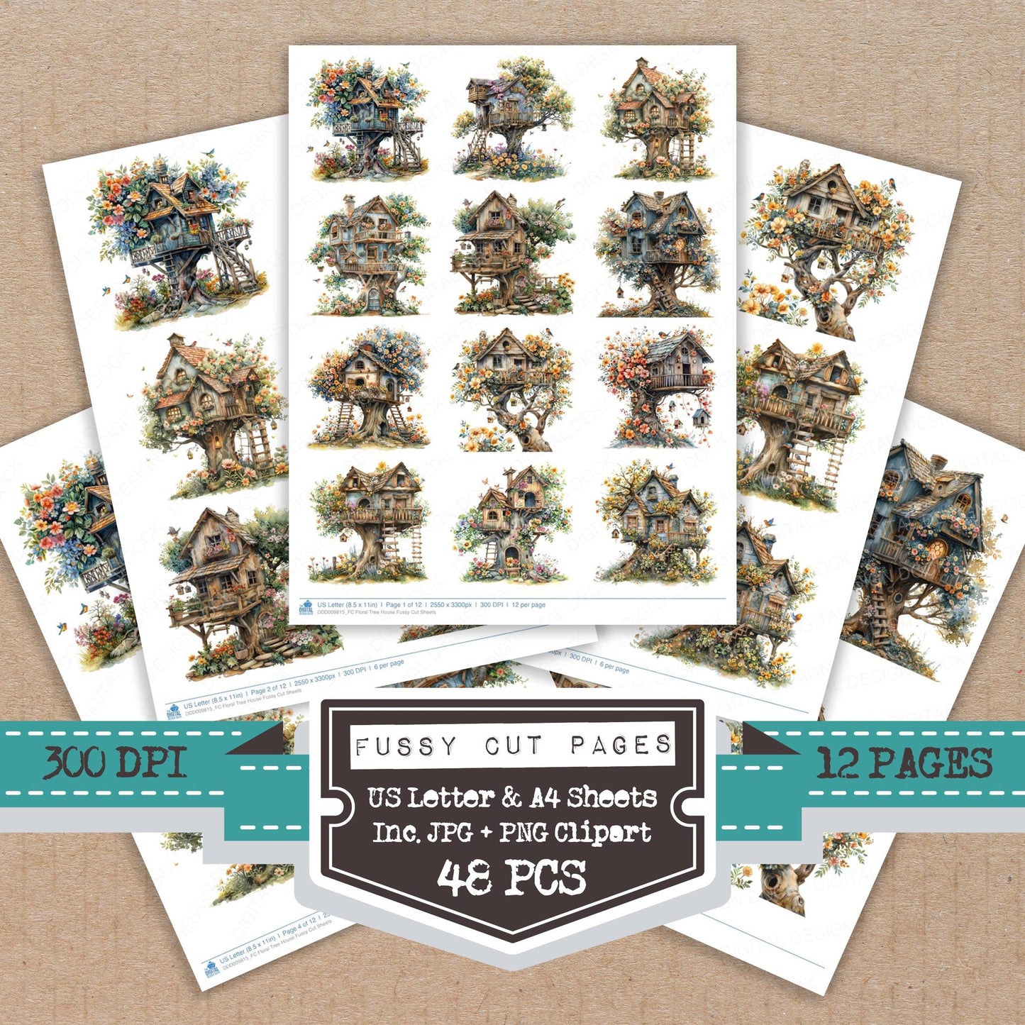 Floral Tree House fussy cut printable sheets for junk journaling, scrapbooking, and paper craft projects
