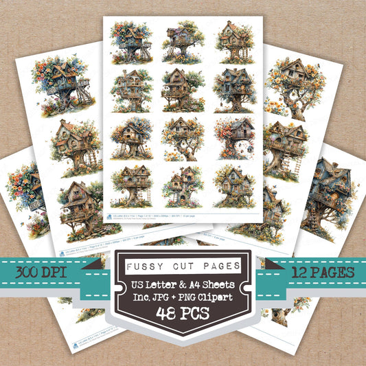 Floral Tree House fussy cut printable sheets for junk journaling, scrapbooking, and paper craft projects