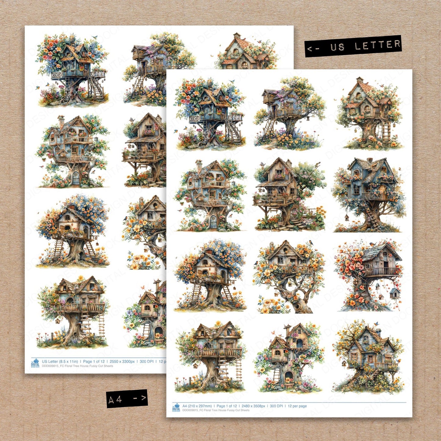 A4 and US Letter format comparison showing Floral Tree House fussy cut pages for print and cut crafting